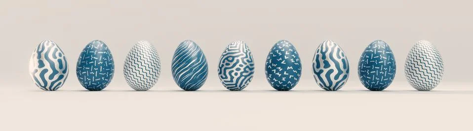 Blue and White Easter Eggs isolated on white background -Ultra Wide Panoramic Stock Illustration