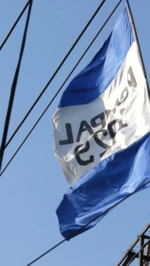 Blue and white flag waving against a clear sky with power lines, industrial.. Stock Footage 345198467