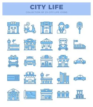 Blue and white flat icons representing city life elements Stock Illustration