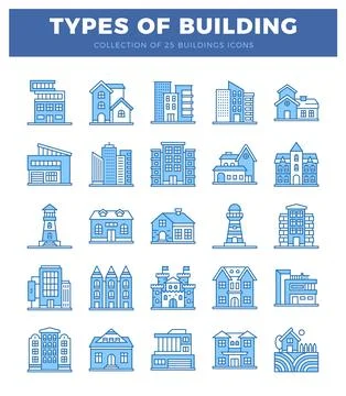 Blue and white flat line icons representing various building types. collect.. Ilustración de archivo