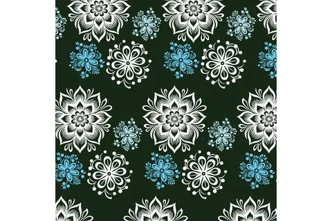 Blue and White Floral Pattern on Dark Green Background Stock Illustration