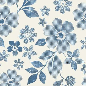 Blue and White Floral Pattern with Halftone Texture. Stock Illustration