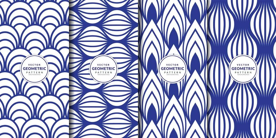 Blue and white geometric pattern set with ink lines style, design for vinta.. Stock Illustration