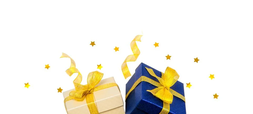 Blue and White Gift Boxes with Yellow Ribbons Isolated, White Background Stock Photos