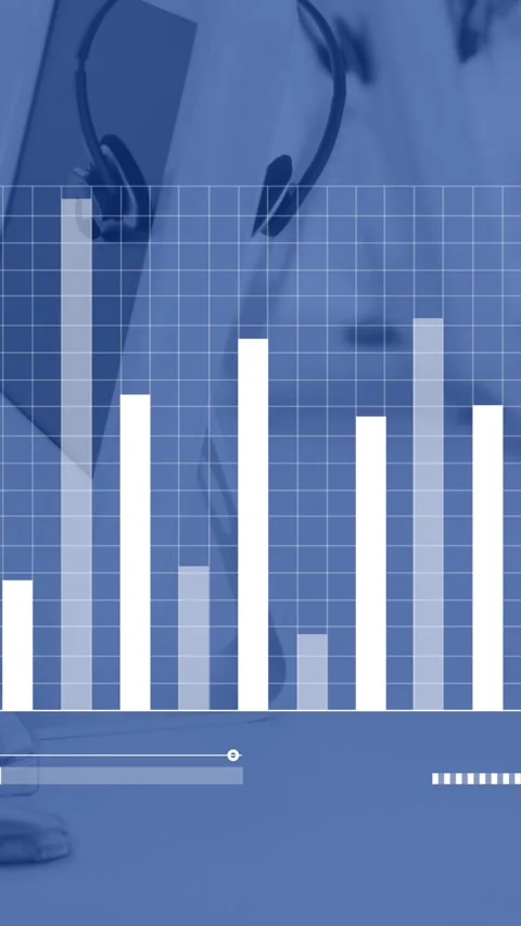 Blue and white graph processing data over computers and phone headsets on desks Stock Footage 344525452