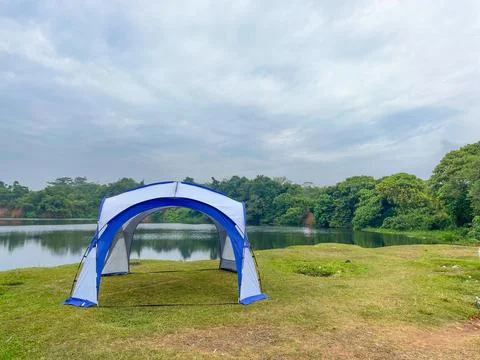 Blue and white hexagonal canopy tent Stock Photos