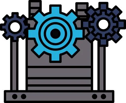 A blue and white image of a machine with three gears Stock Illustration