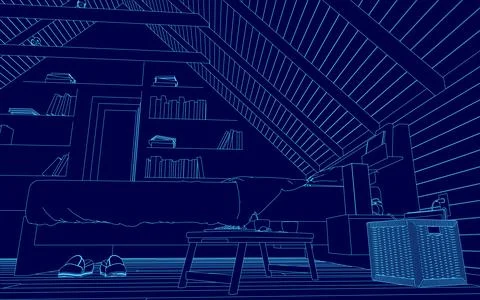 Blue and white image of a room with a bed and a desk Stock Illustration
