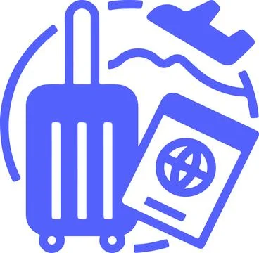 A blue and white image of a suitcase, passport, and airplane Stock Illustration