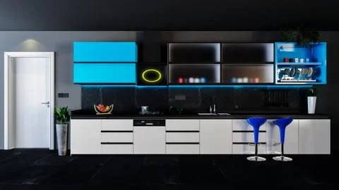 Blue and white kitchen design with dark interior concept decor idea Stock Illustration