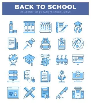 Blue and white line art icons for Back to School with educational and learn.. Stock Illustration