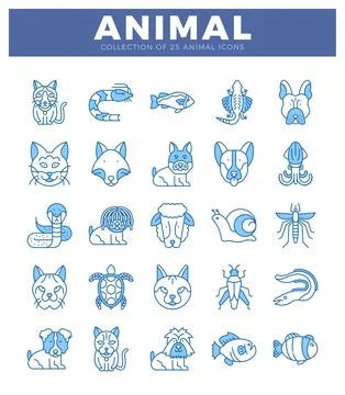 Blue and white line art animal icons on white background. animal graphics. Stock Illustration