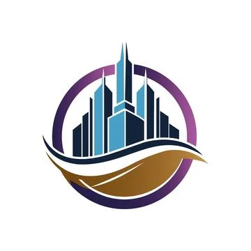 A blue and white logo featuring a city skyline in the middle, Abstract represent Stock Illustration