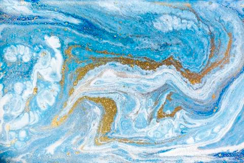 Blue and white marbling pattern with gold glitter. Marble liquid texture. Stock Illustration