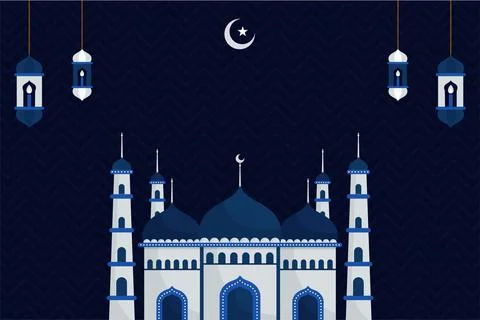 Blue and White Mosque Background with Dark Zigzag Pattern and Hanging Lantern 스톡 일러스트