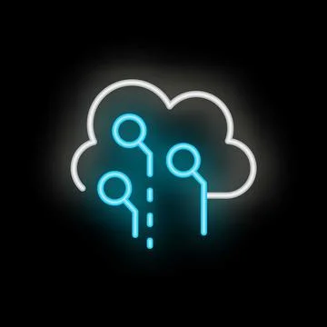 Blue and white neon cloud computing icon glowing on dark background Stock Illustration