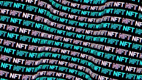 Blue and White NFT CryptoArt Sign. Glitch Effect. NFT Metaverse Concept. Stock Footage 194505072
