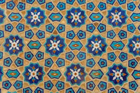 A blue and white patterned tile floor Stock Photos
