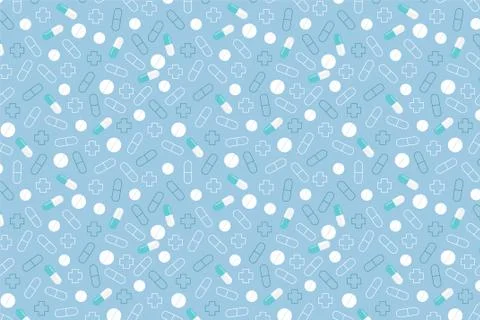 Blue and white pills pattern. Blue medical background Stock Illustration