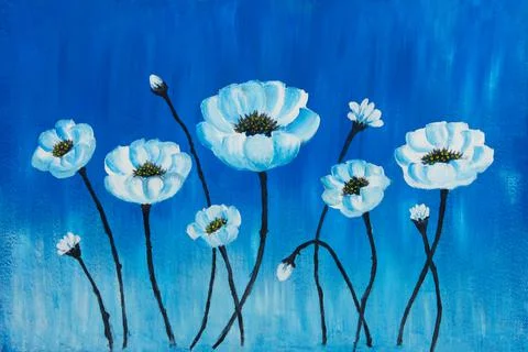 Blue and white poppies against blue sky Stock Illustration