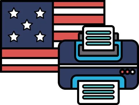 A blue and white printer with a red, white Stock Illustration