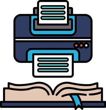 A blue and white printer is shown with a book open on top of it Stock Illustration