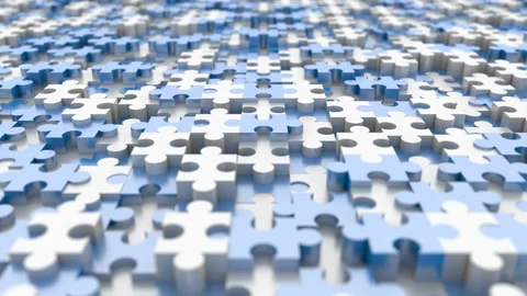 Blue and white puzzles move. Depth of field. Seamless loop. Stock-Footage 125895680