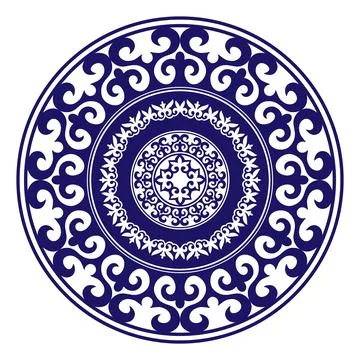 Blue and white round frame. Traditional round Turkic ornament. Oriental  Stock Illustration