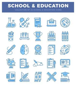 Blue and white school and education icons on a white background. イラスト素材