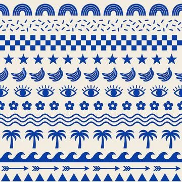 Blue and White Seamless Pattern with Various Decorative Elements. Stock Illustration