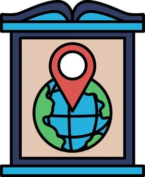 A blue and white sign with a globe and a red dot on it Stock Illustration
