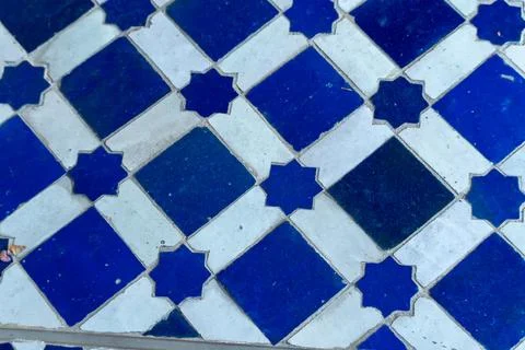 Blue and White Star-Patterned Zellige Mosaic Tiles Stock Photos