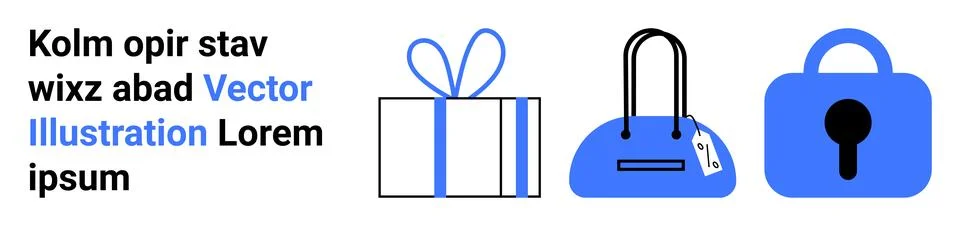 Blue and White Themed Vector Elements Gift Box, Handbag, and Padlock with Tex Stock Illustration