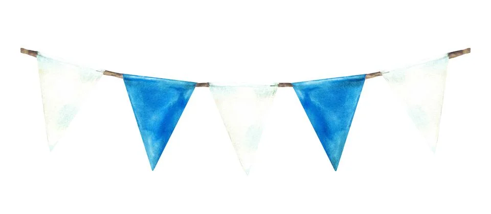 Blue and white triangular pennant. Flags on the rope. Watercolor hand painted Stockillustratie