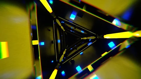 Blue and Yellow Abstract Triangular Corridor with Shimmering Cubes Backgroun Stock Footage 300249744