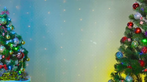 On a blue and yellow background, two beautiful green Christmas trees Stock Footage 146236534