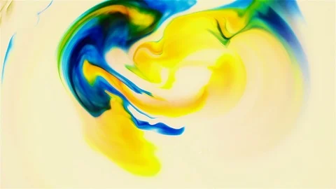 Blue and Yellow colors swirl against a white background in psychedelic fluid Stock Footage 97681153