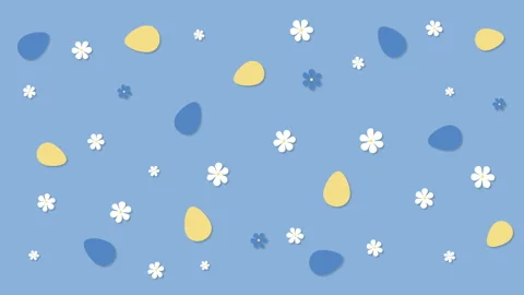 Blue and yellow Easter eggs with spring flowers on a blue background. Video stock 303437375