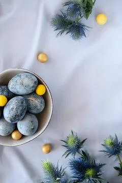 Blue and yellow easter eggs in grey plate, picture with copy paste. Stock Photos
