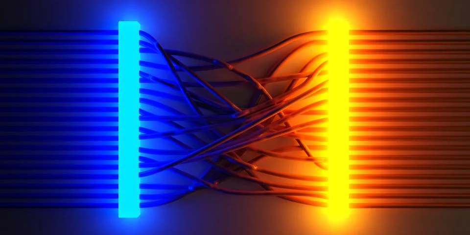 Blue and yellow glowing connectors with cables on dark background, communic.. Stock Illustration