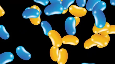 Blue and Yellow Jelly Beans Falling Against Black Background Stock Footage 345041255