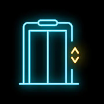 Blue and yellow neon elevator icon on black background 스톡 일러스트