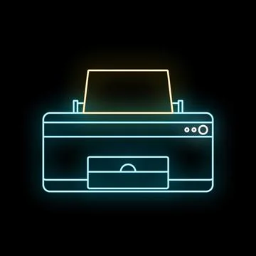Blue and yellow neon printer icon with paper Illustrazione stock