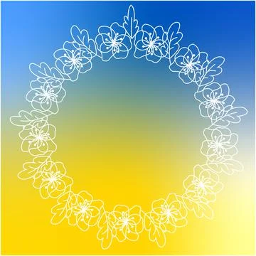 Blue and yellow smooth gradient background with a round wreath of flowers and Stock Illustration