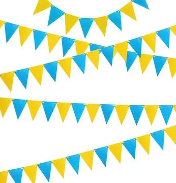 Blue and yellow triangular bunting flags on white background. Festive decor 写真素材