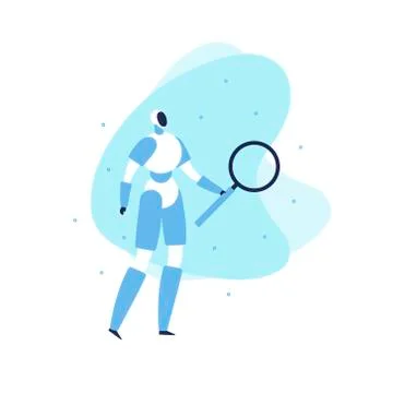 Blue android with magnifier on fluid shapes background isolated on white Stock Illustration