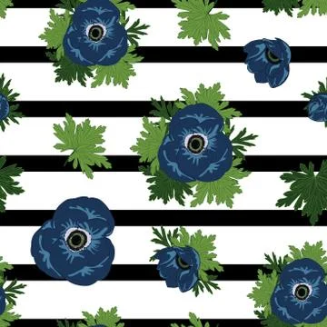 Blue anemone vector seamless pattern on stripped background . Stock Illustration