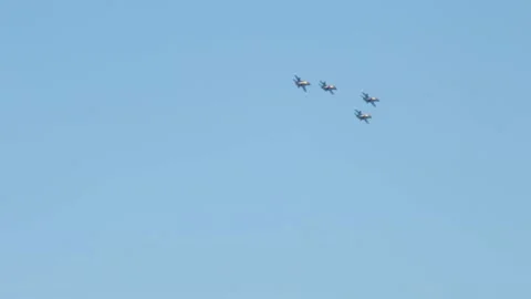 Blue Angels FA - 18A Fighter Jets Flys and Changes Formation to a Line Stock Footage 160447496
