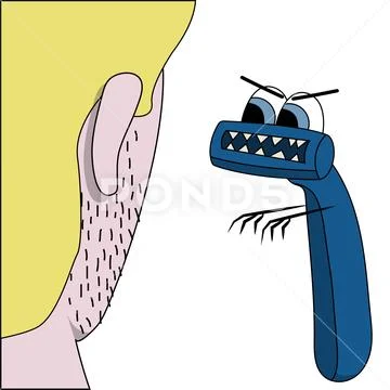 Blue angry razor looks at unshaven face. Isolated cartoon illustration Stock Illustration