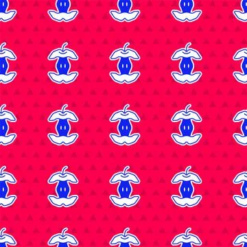 Blue Apple core icon isolated seamless pattern on red background. Bitten apple 库存插图